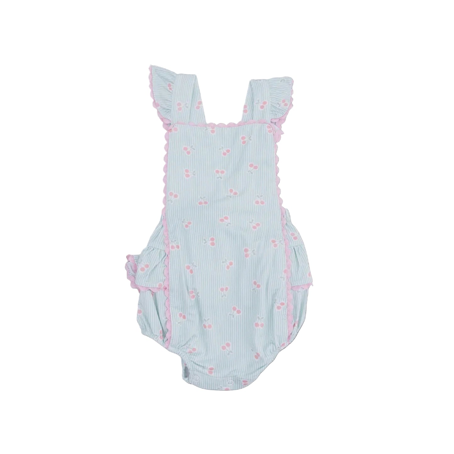 Angel Dear | Tiny Cherry Stripe Ric Rac Ruffle Sunsuit | Front | Vagabond | Apparel | Boutique