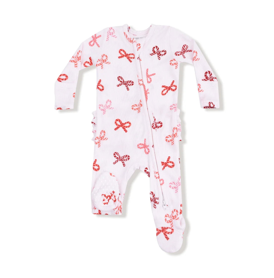 Angel Dear | Candy Cane Bows 2 Way Zipper Ruffle Footie | Vagabond | Apparel | Boutique