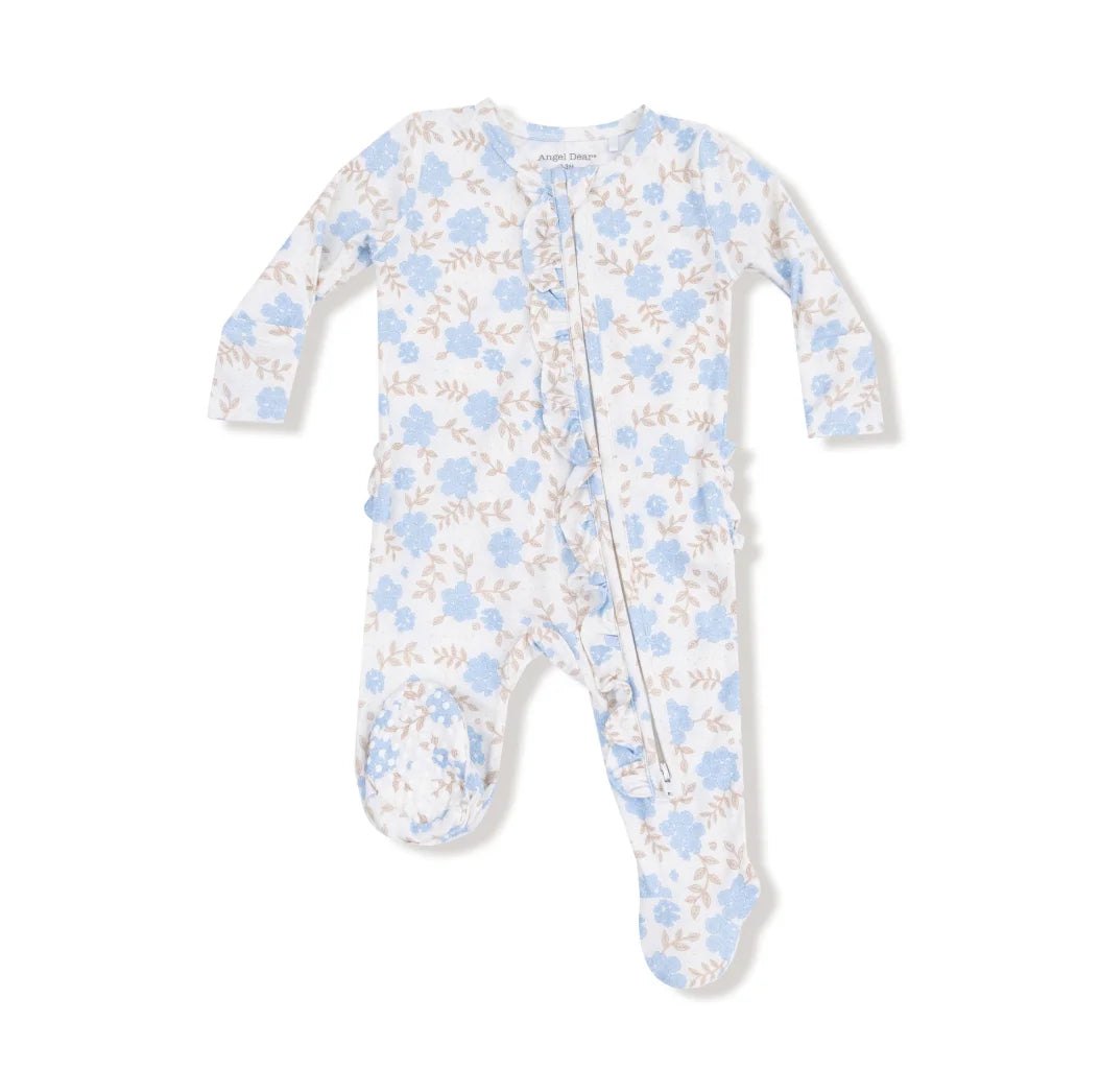 Angel Dear | Baby Blue Floral 2 Way Ruffle Zipper Footie | Vagabond | Apparel | Boutique