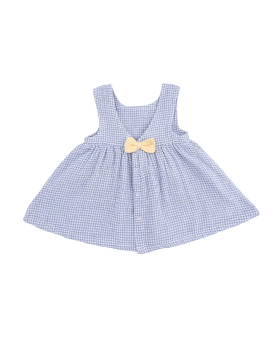 Angel Dear | Micro Gingham Blue Blizzard Dress W/Bow & Bloomer | Back | Vagabond | Apparel | Boutique