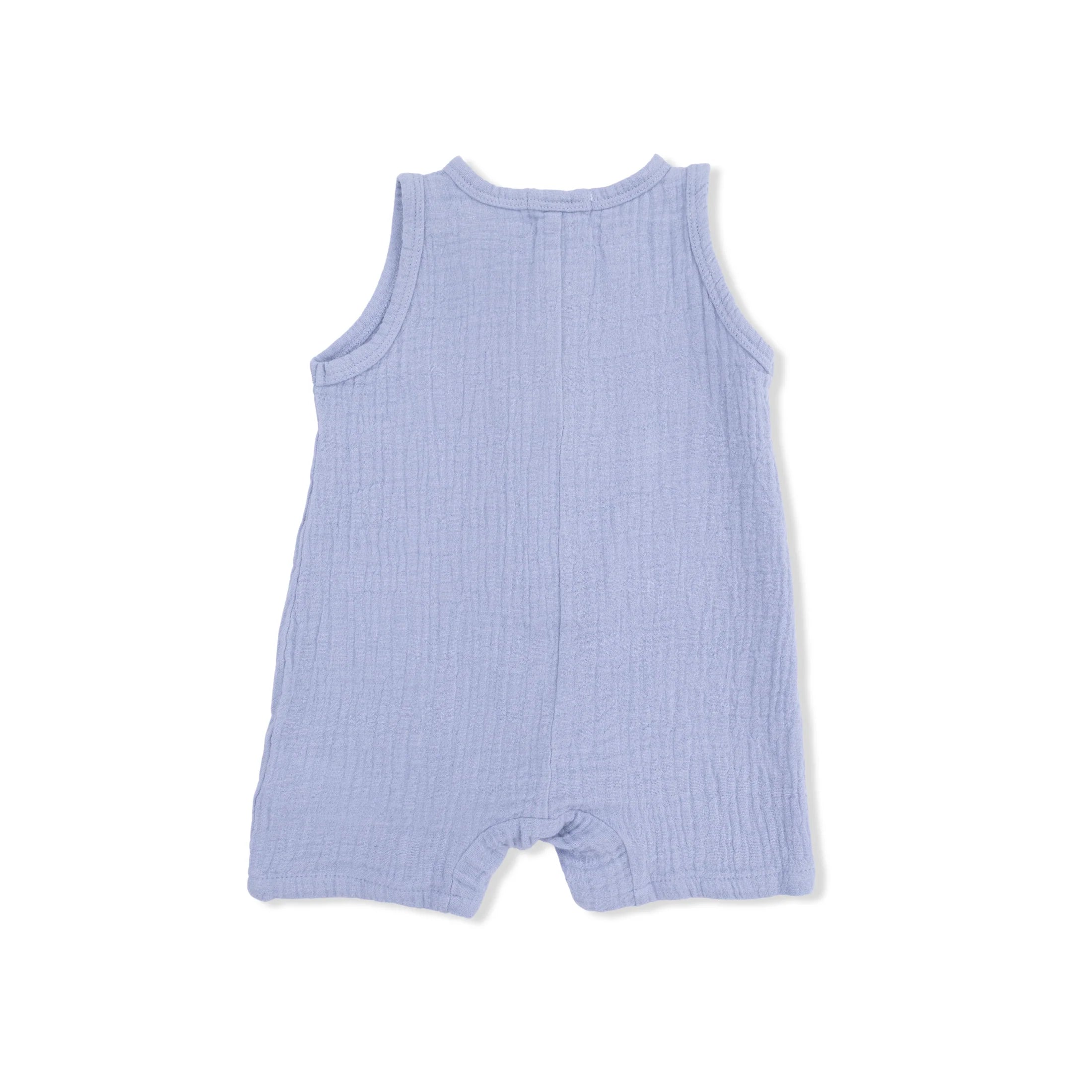 Angel Dear | Solid Muslin Blue Blizzard Sleeveless Shortie Romper | Back | Vagabond | Apparel | Boutique