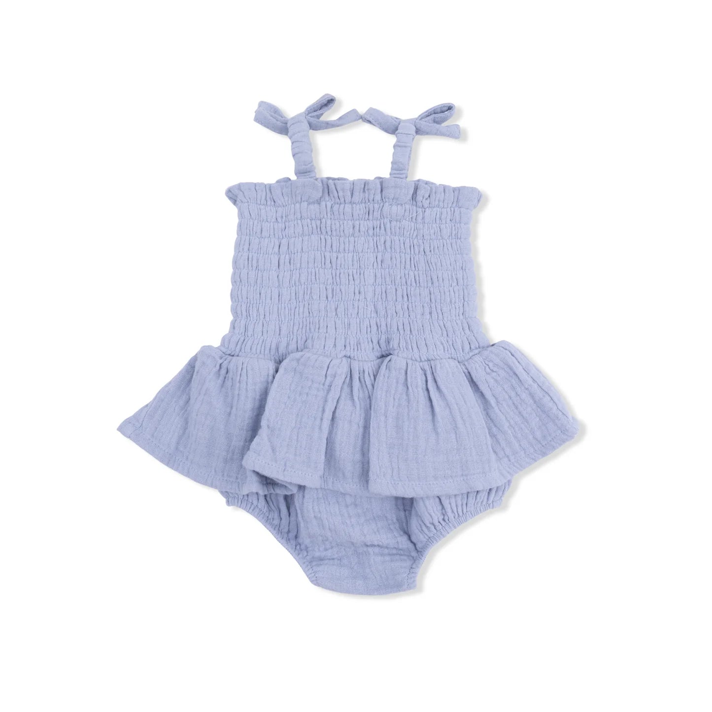 Angel Dear | Solid Muslin Blue Blizzard Smocked Bubble W/Skirt | Back | Vagabond | Apparel | Boutique