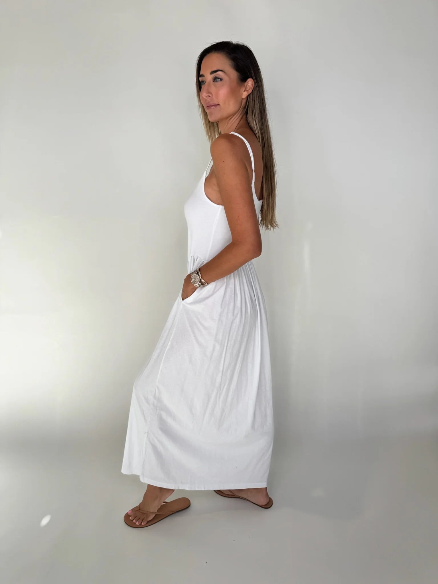 Bobi | Drop | Waist | Dress | White | Side | Vagabond | Apparel | Boutique