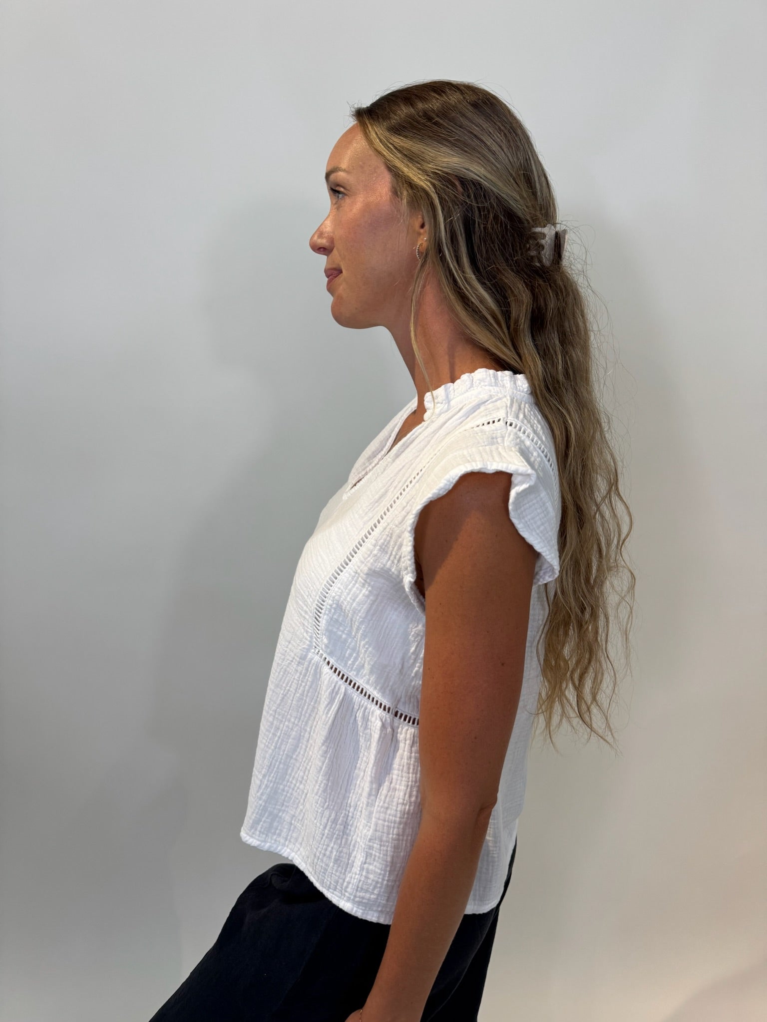 Bobi | Flutter Sleeve Split Neck Top | White | Vagabond | Apparel | Boutique