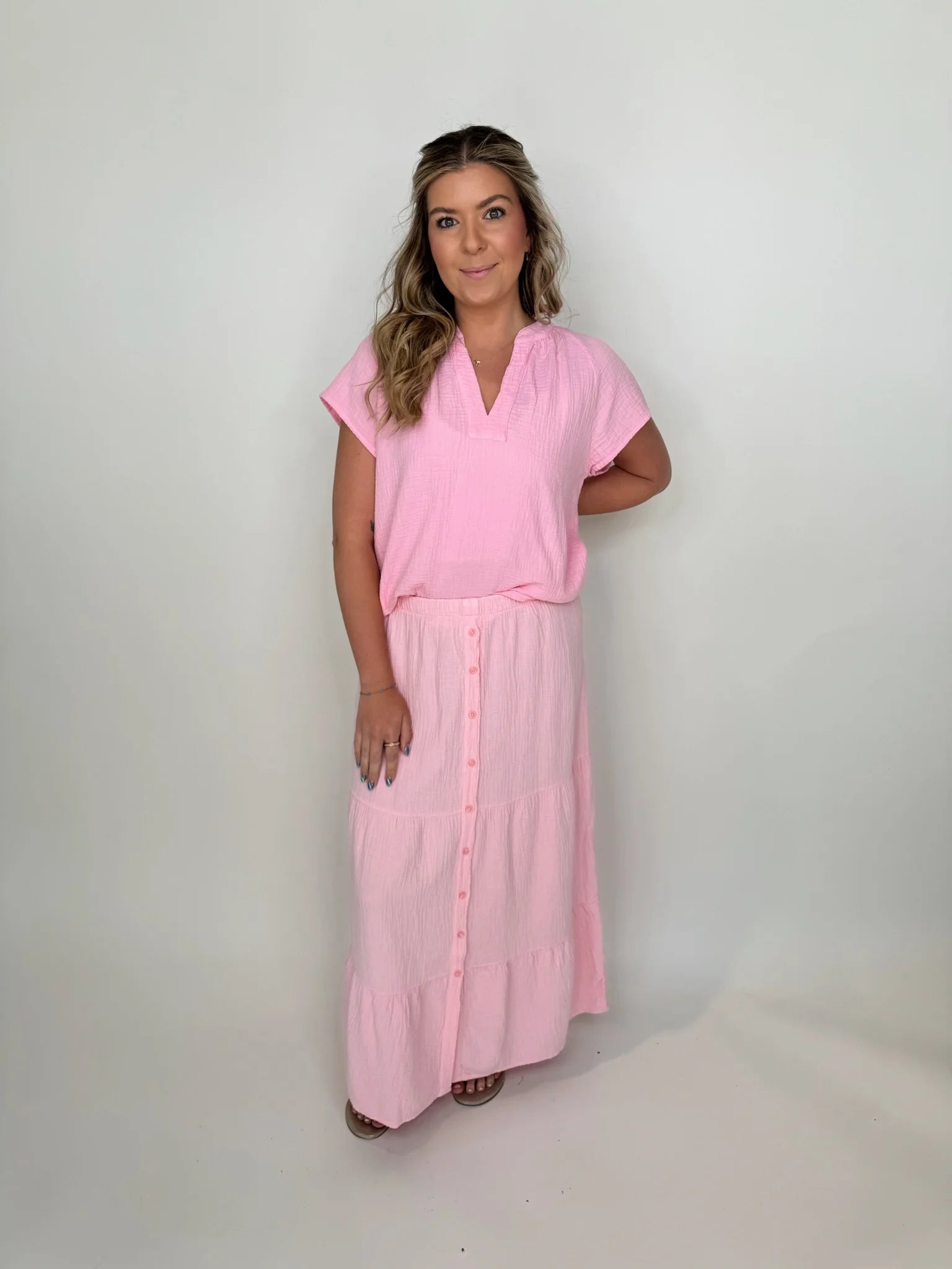 Bobi | Tiered | Maxi | Skirt | Pink | Front | Vagabond | Apparel | Boutique