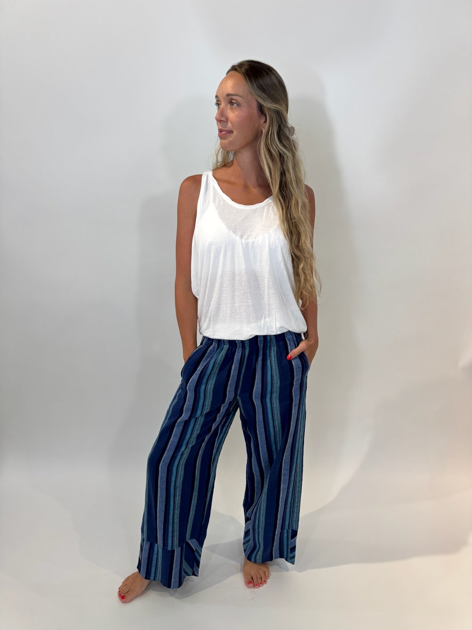 Free People | Days End Solar Linen Stripe Pant | Navy| Vagabond | Apparel | Boutique