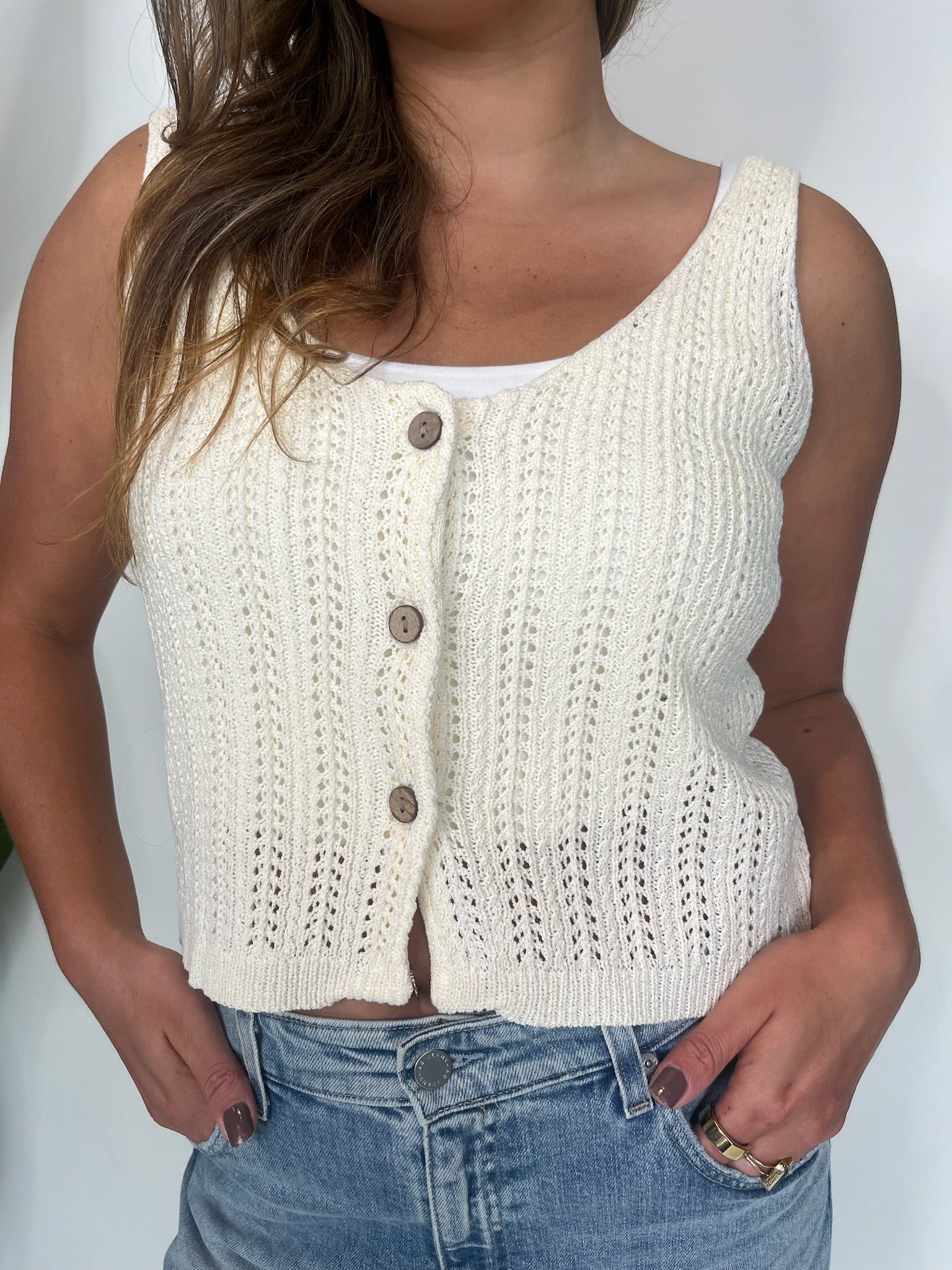 KLD Sleeveless Button Front Knit Vest Natural | Vagabond Apparel Boutique