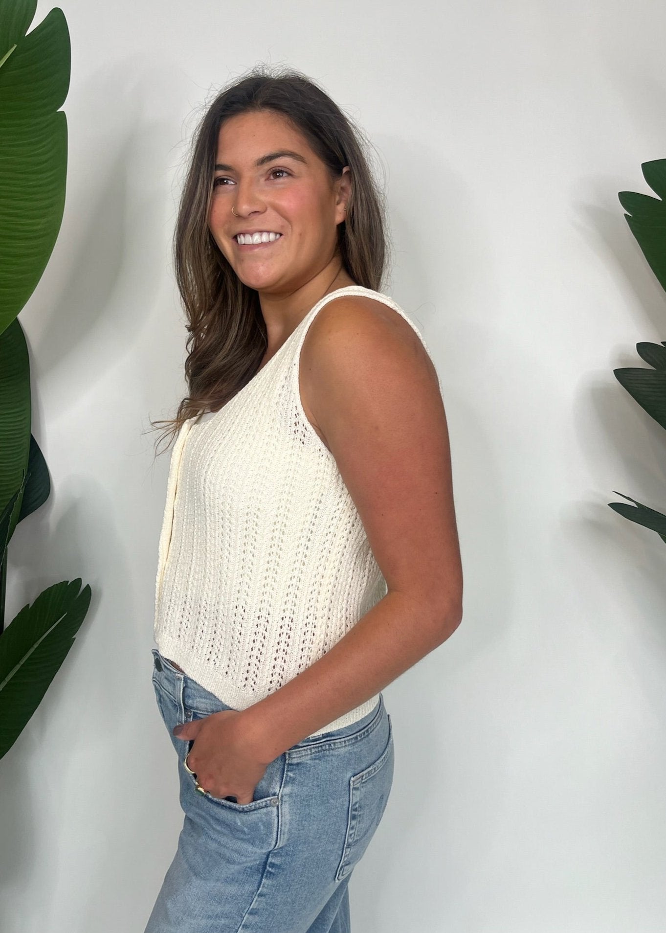 KLD Sleeveless Button Front Knit Vest Natural | Vagabond Apparel Boutique