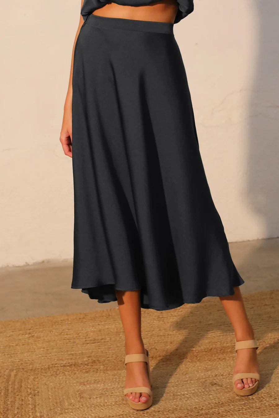 KLD | Washed Satin Midi Hi-Low Swing Skirt | Black | Vagabond | Apparel | Boutique
