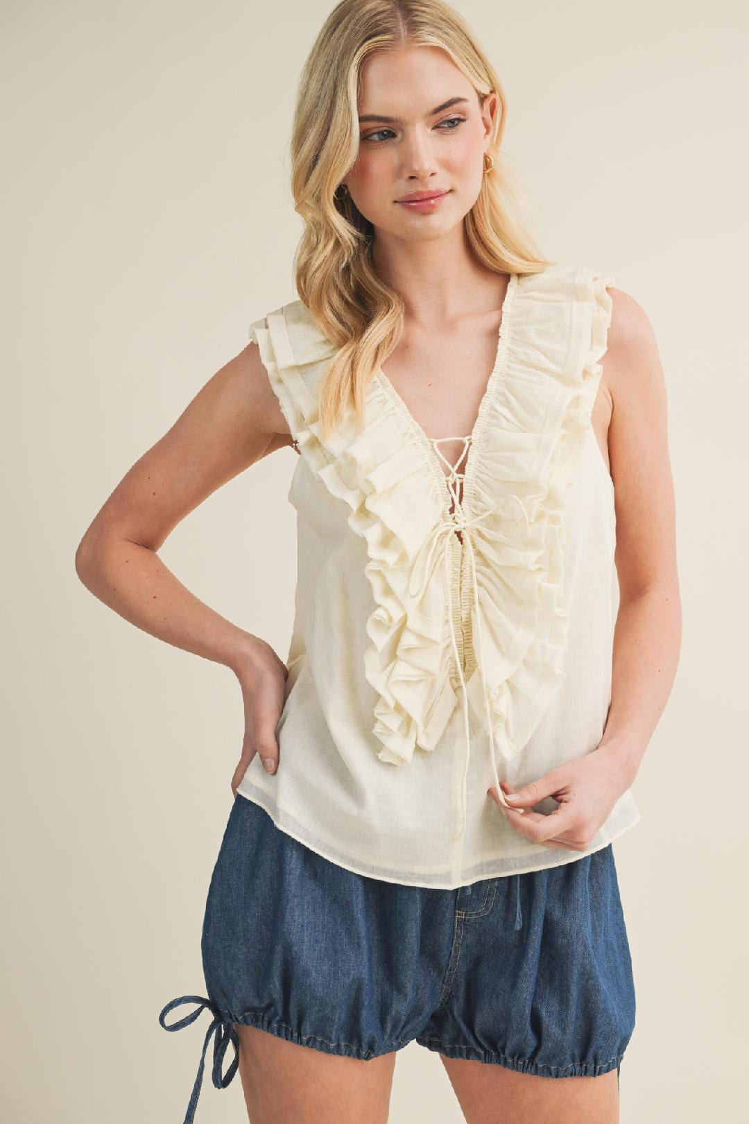 KLD | Sleeveless Lace Up Ruffled Blouse | Vagabond | Apparel | Boutique