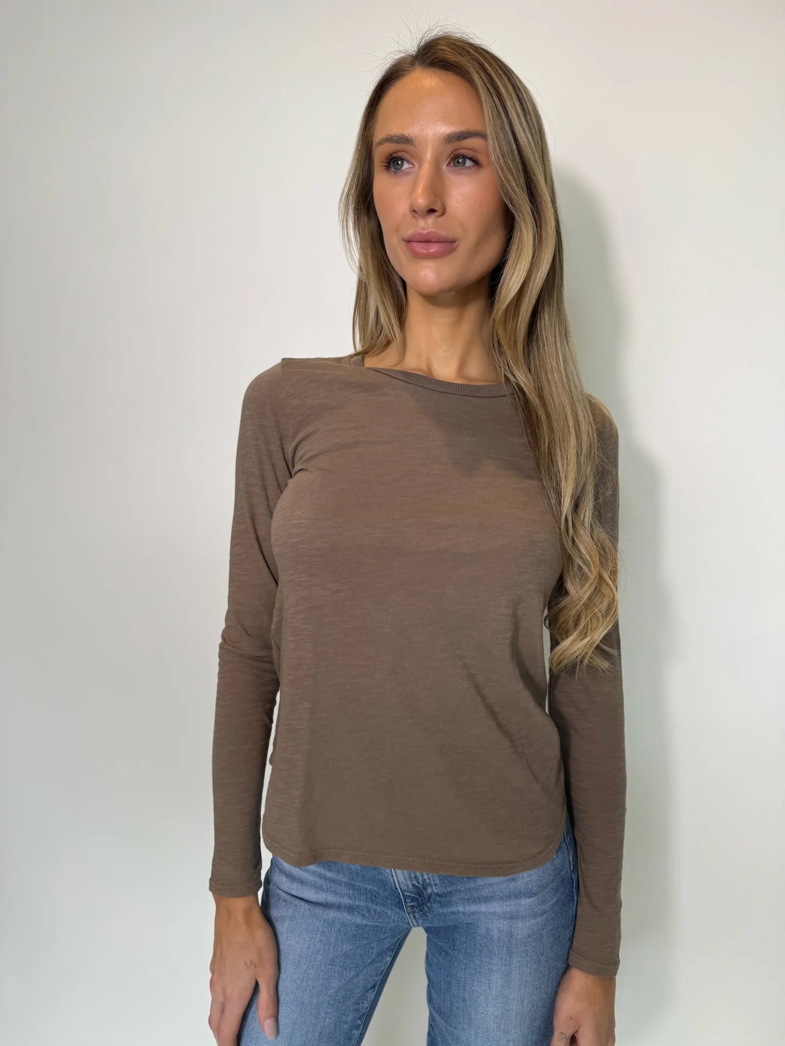 LA Made | Ashley Long Sleeve Tee | Truffle | Front | Model | Vagabond | Apparel | Boutique