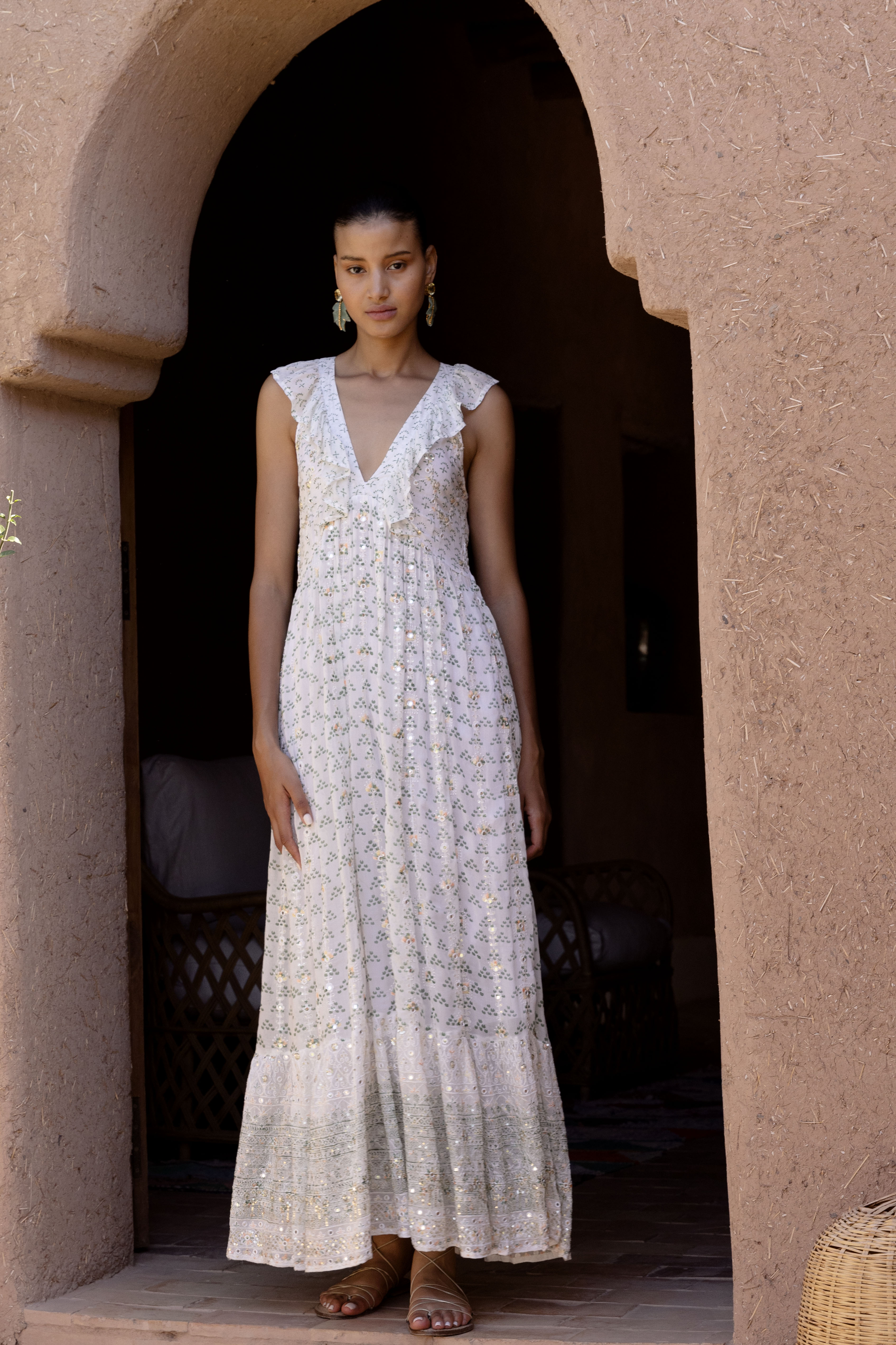 Oliphant Ruffle V-Neck Maxi Dress | Vagabond Apparel Boutique