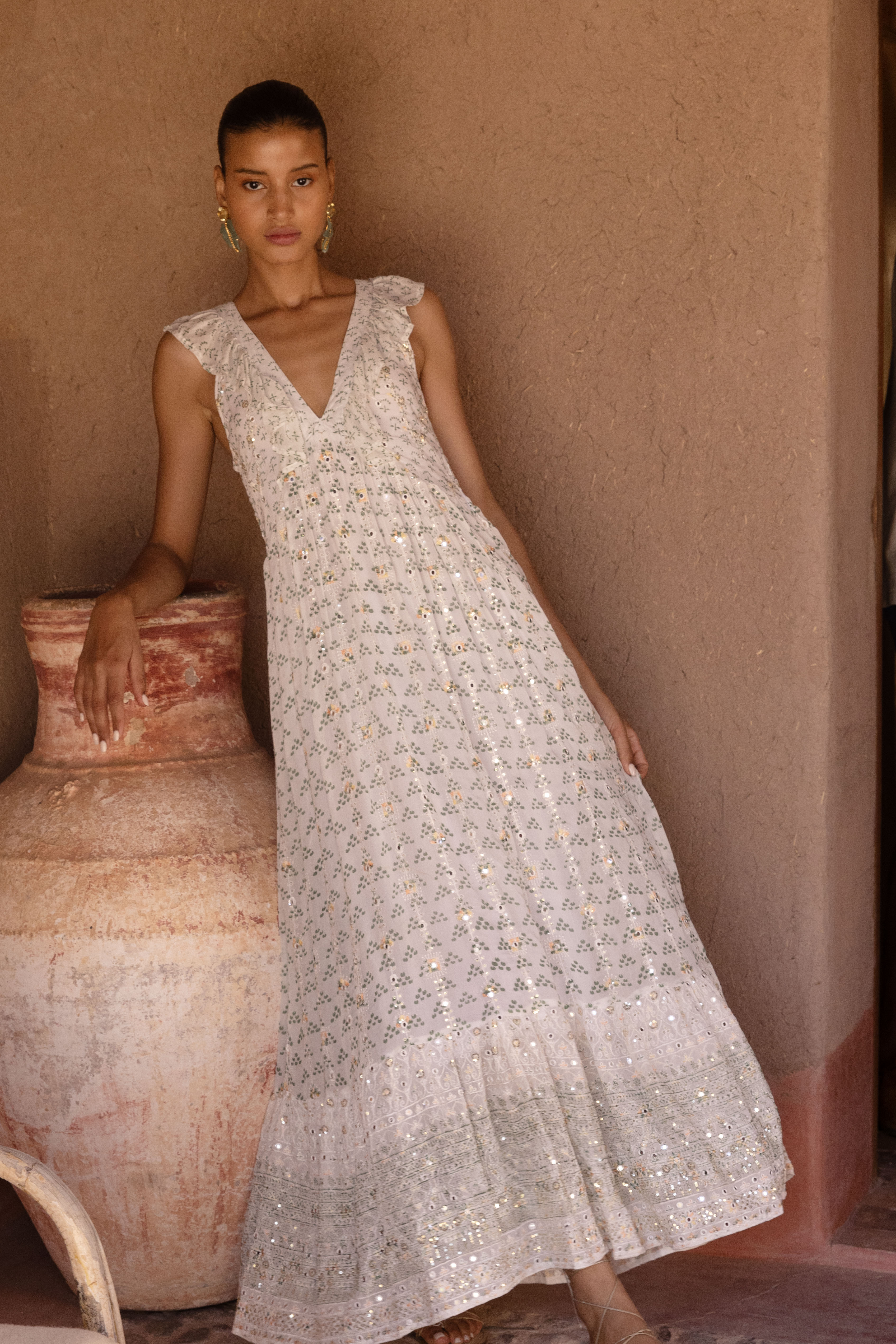 Oliphant Ruffle V-Neck Maxi Dress | Vagabond Apparel Boutique