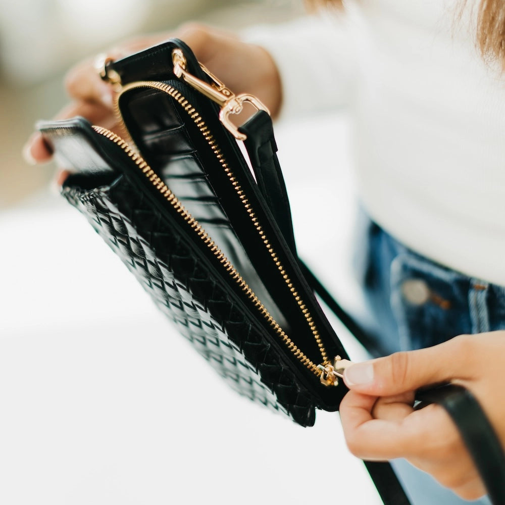 Pretty Simple | Woven Double Duty Phone Bag | Black | Open | Vagabond | Apparel | Boutique