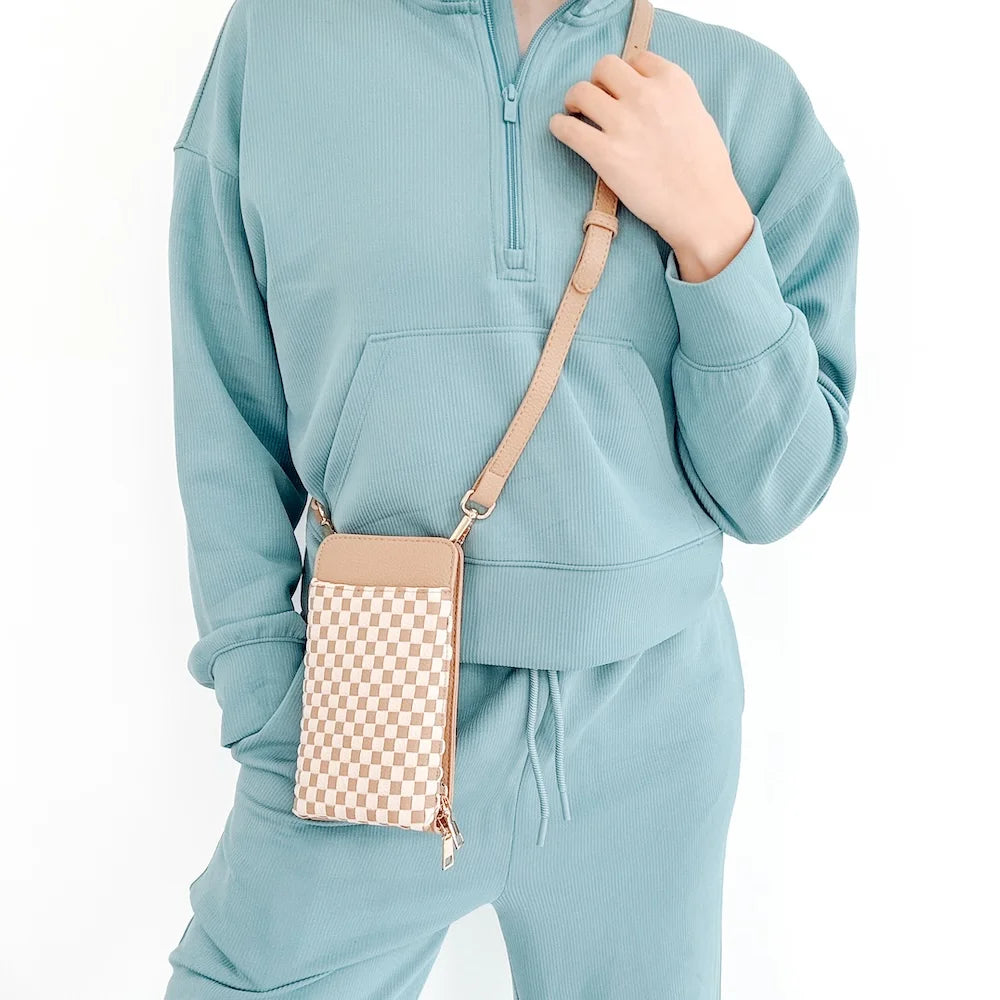 Pretty Simple | Woven Double Duty Phone Bag | Checkered Tan | Model | Vagabond | Apparel | Boutique