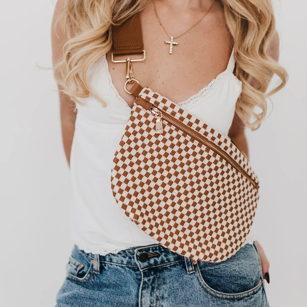 Pretty Simple | Westlyn Woven Bum Bag | Checkered Brown | Vagabond | Apparel | Boutique