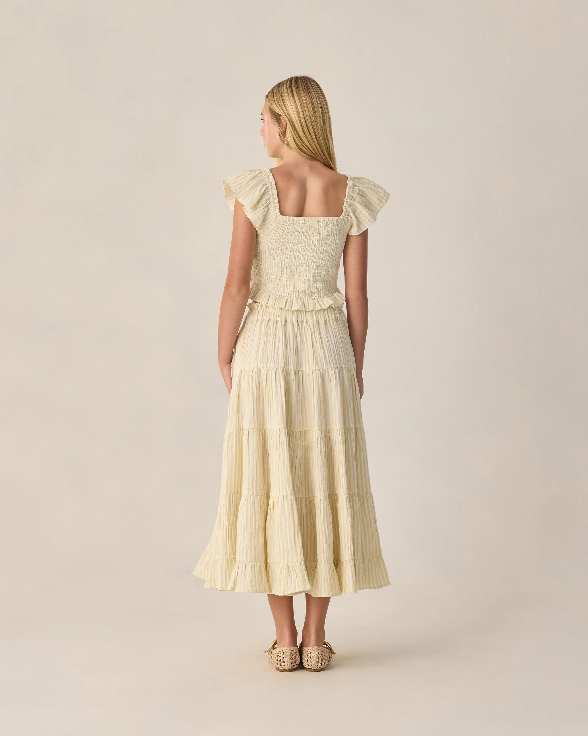 Rylee & Cru | Ruffle Tiered Maxi Skirt Citron Stripe | Back | Vagabond | Apparel | Boutique