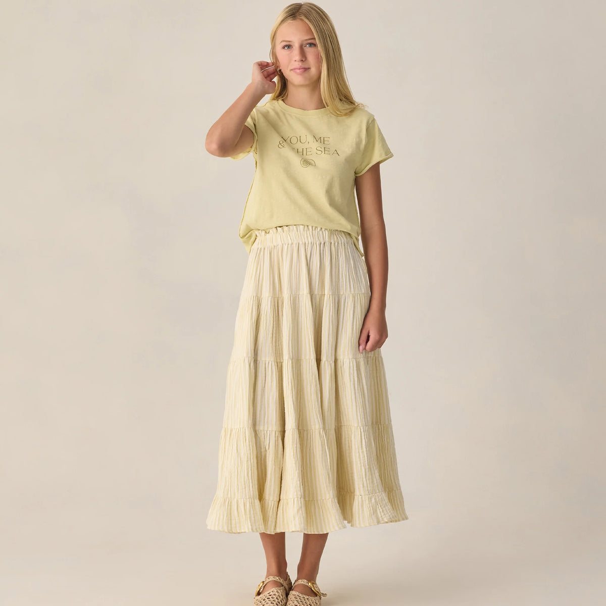 Rylee & Cru Ruffle Tiered Maxi Skirt Citron Stripe – Vagabond
