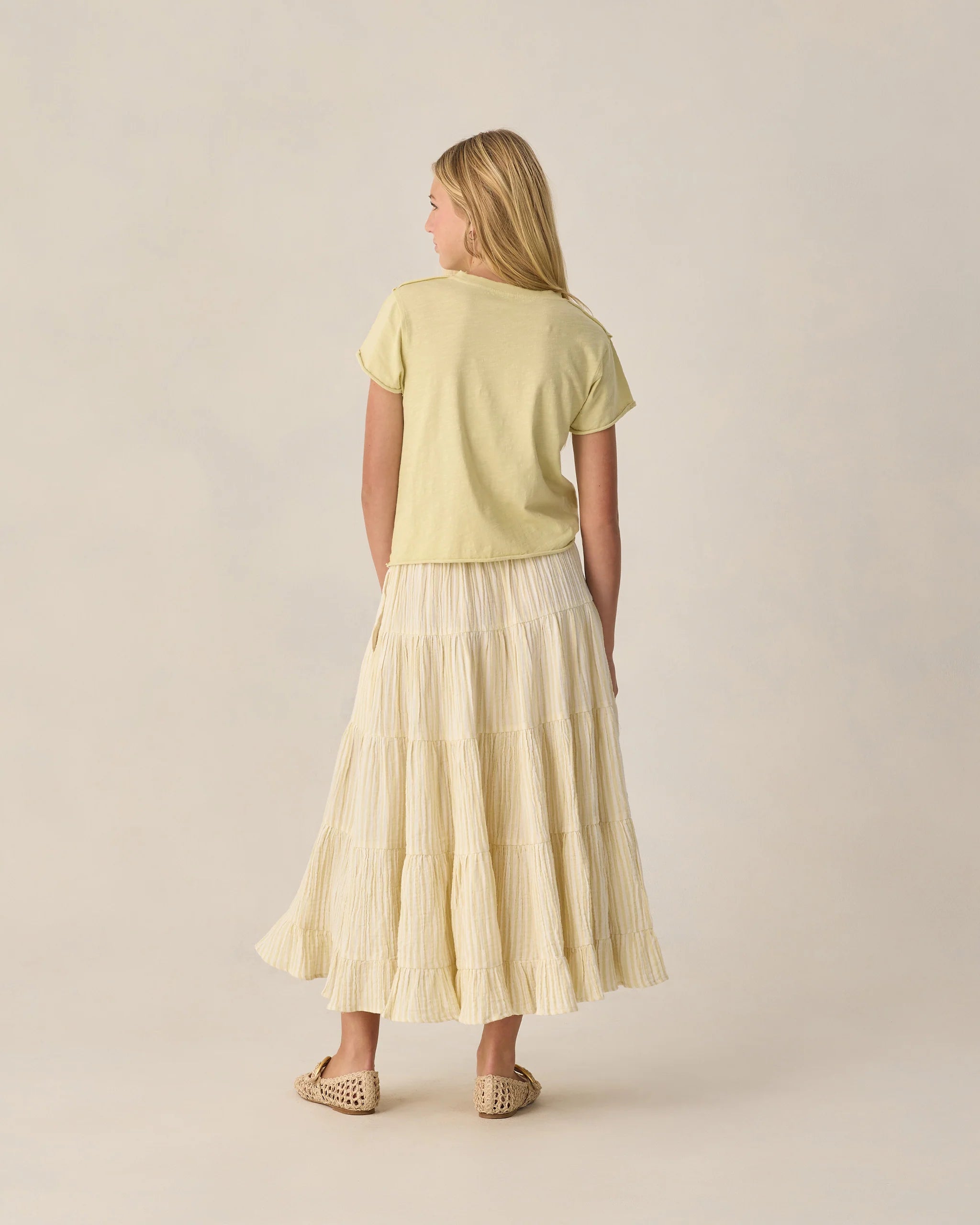 Rylee & Cru | Ruffle Tiered Maxi Skirt Citron Stripe | Back | Vagabond | Apparel | Boutique