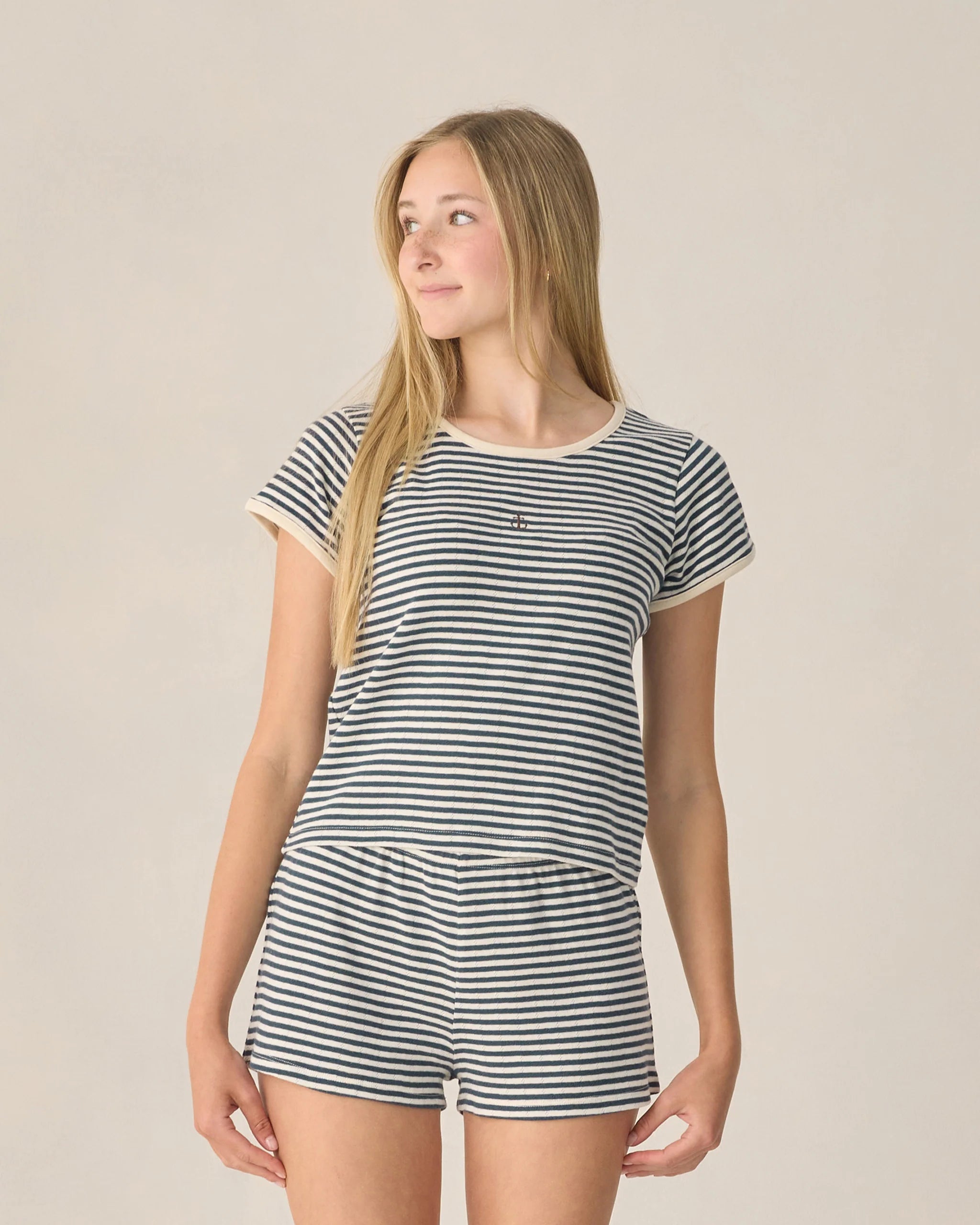 Rylee & Cru | Pointelle Shorts Navy Stripe | Model | Tween | Vagabond | Apparel | Boutique