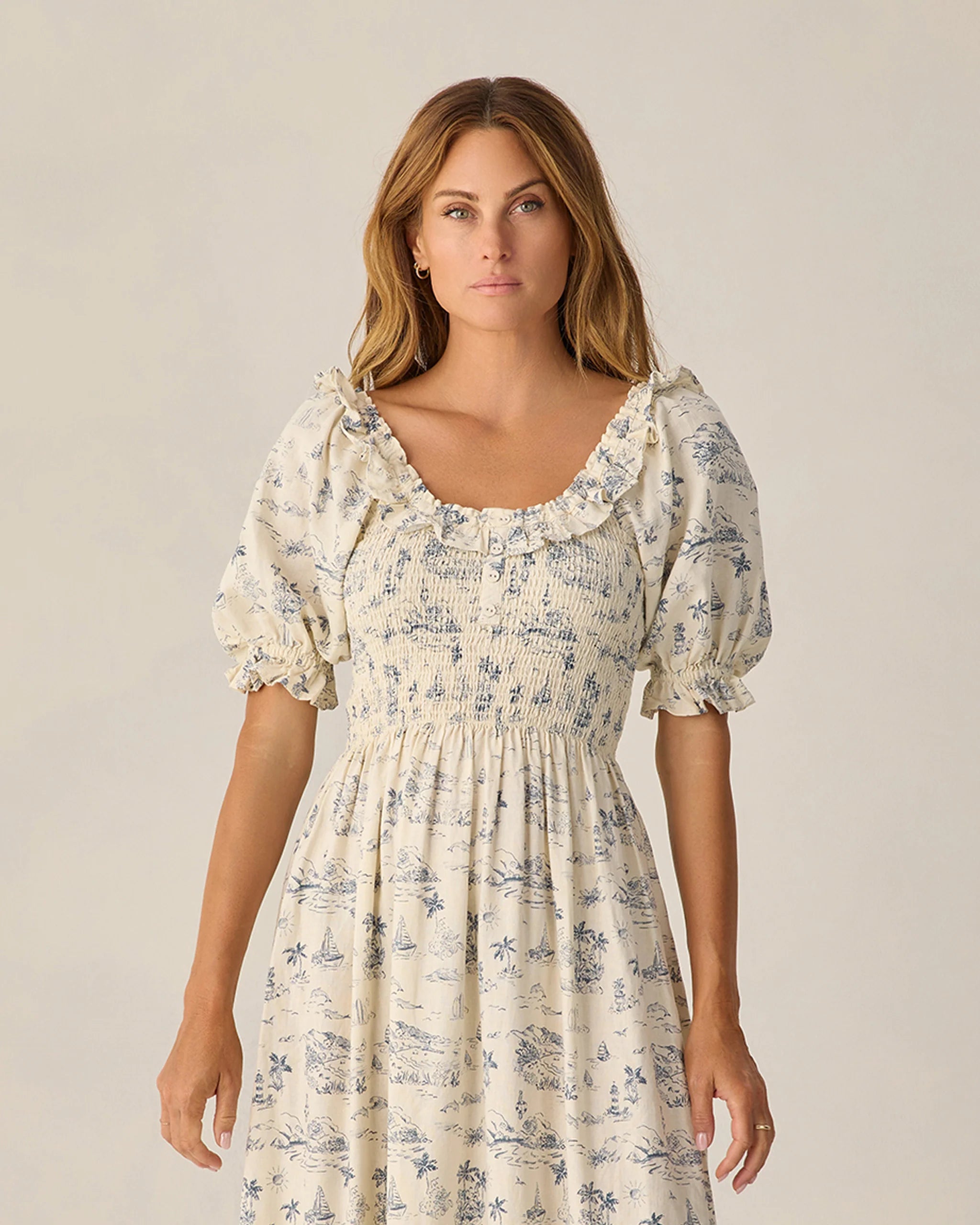 Rylee & Cru| Women | Lexi Dress Ocean Toile | Close | Vagabond | Apparel | Boutique