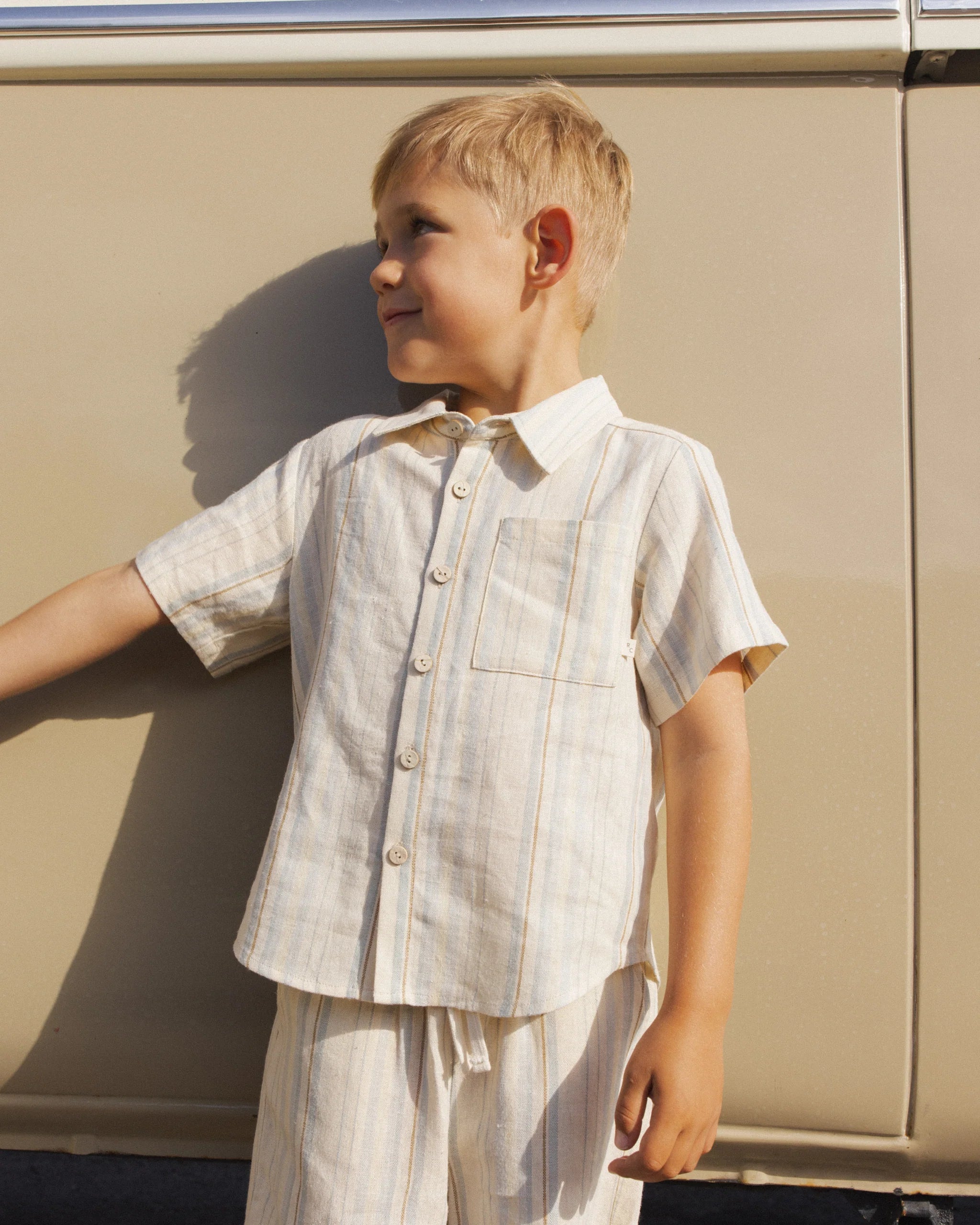 Rylee & Cru | Collared Short Sleeve Shirt Sea Stripe | Model | Vagabond | Apparel | Boutique