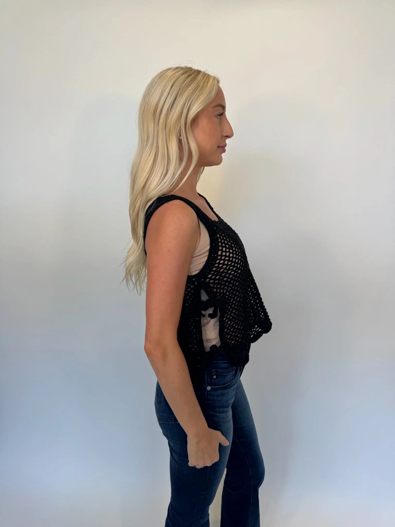 Skemo | Azure Crochet Tank Top W/Tie | Black| Side | Vagabond | Apparel | Boutique