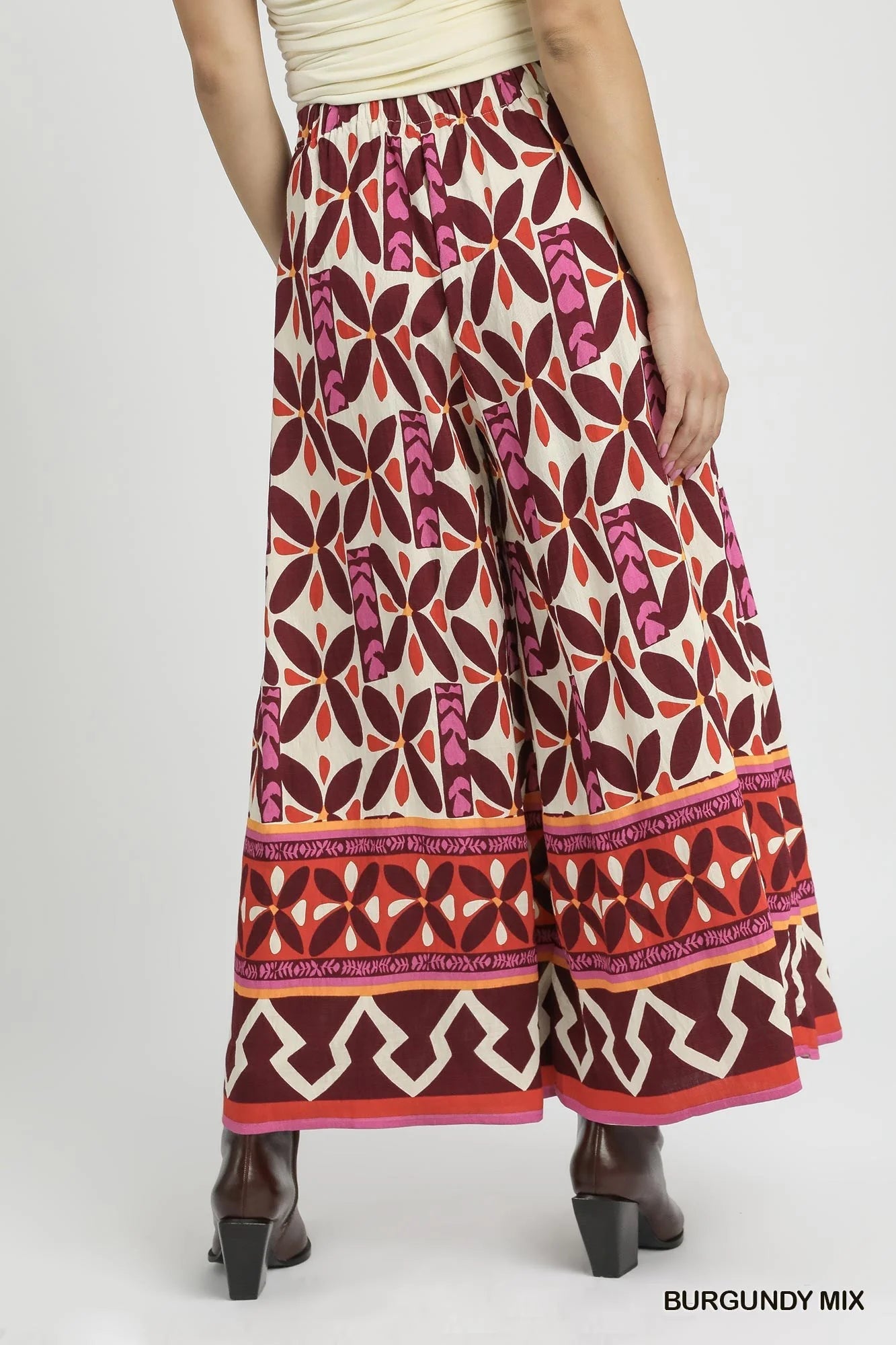 Umgee | Geo Print Pants | Burgundy | Back | Vagabond | Apparel | Boutique