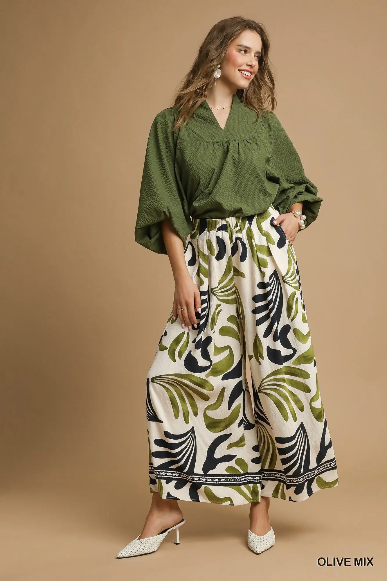 Umgee | Mix Tropical Leaf Print Wide Leg Pants | Full | Vagabond | Apparel | Boutique