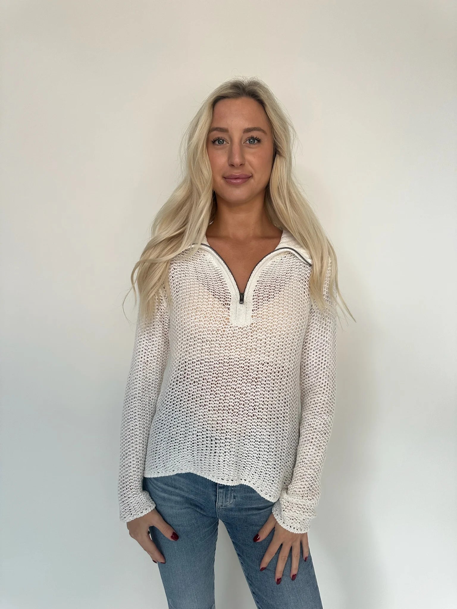 Wooden Ships | Open Knit Zip L/S Top | Model | Front | Vagabond | Apparel | Boutique