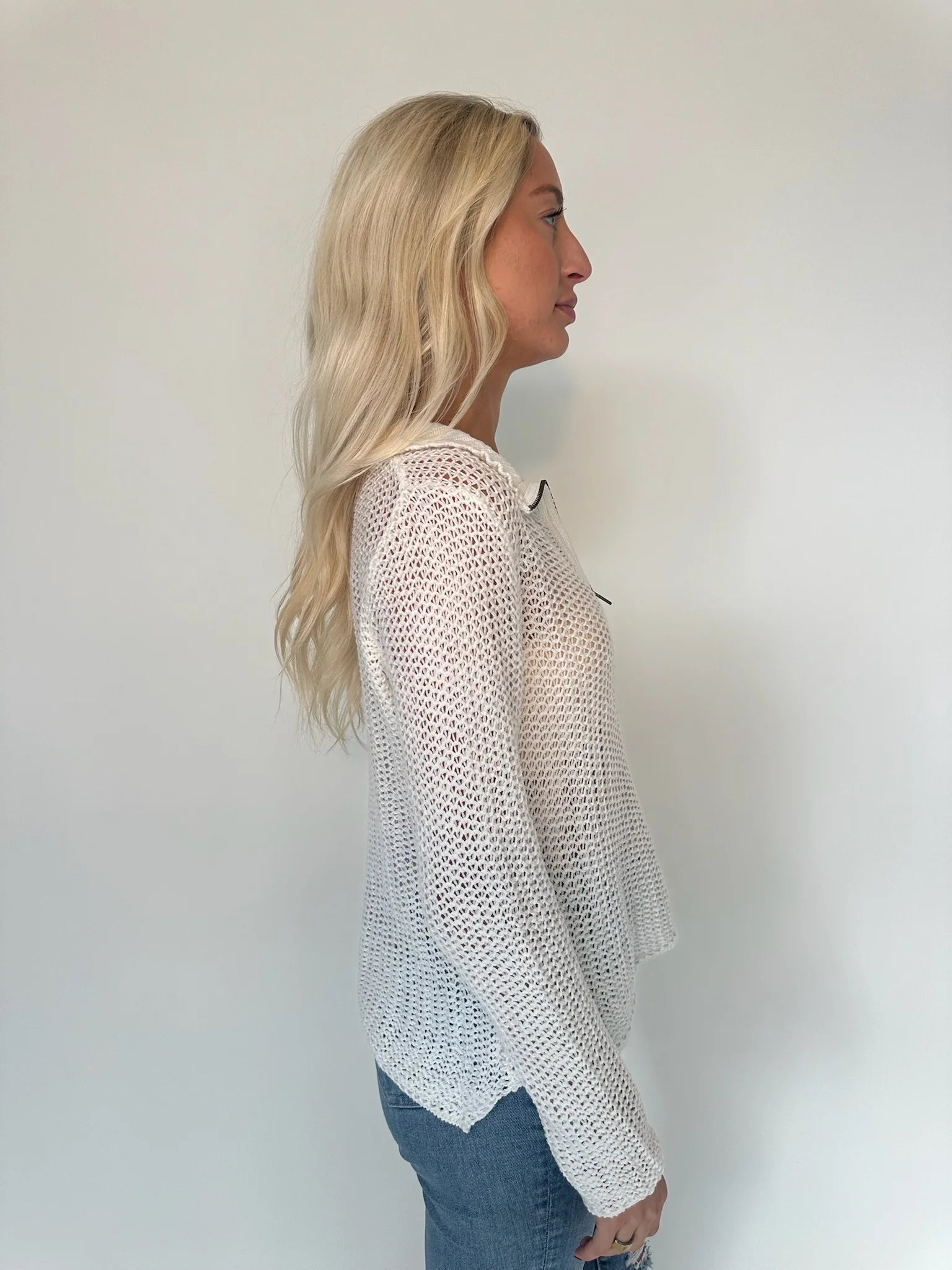 Wooden Ships | Open Knit Zip L/S Top | Model | Side | Vagabond | Apparel | Boutique