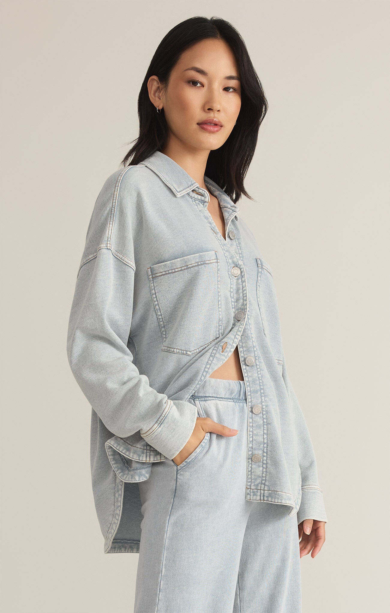 Z Supply All Day Knit Denim Jacket | Washed Indigo| Side | Vagabond Apparel Boutique