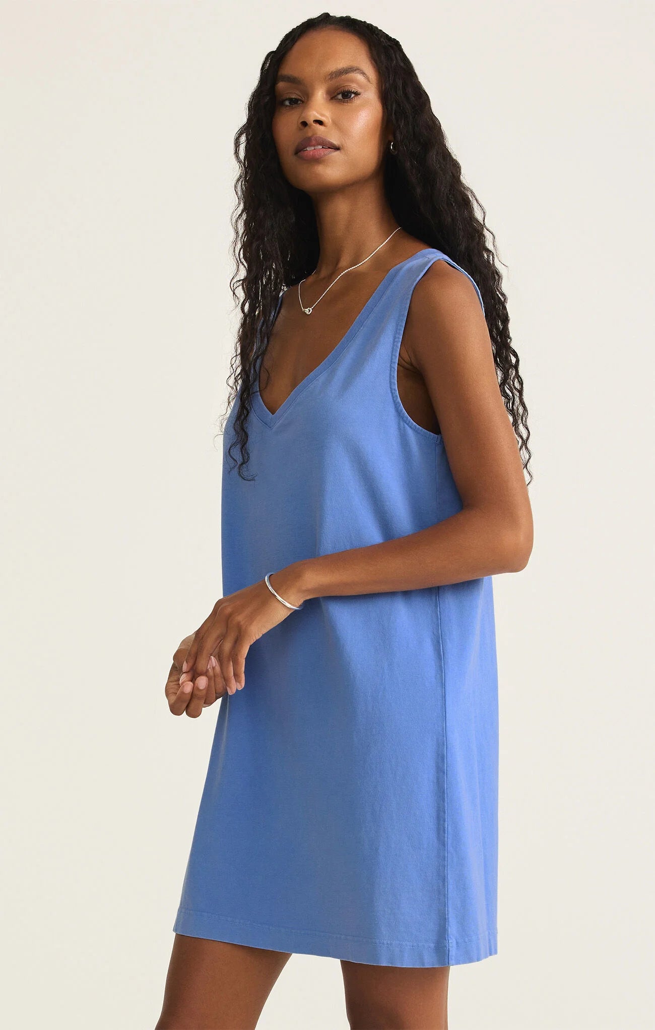 Z Supply | Sloane V-Neck | Mini Dress | Bay Blue | Side | Vagabond | Apparel | Boutique