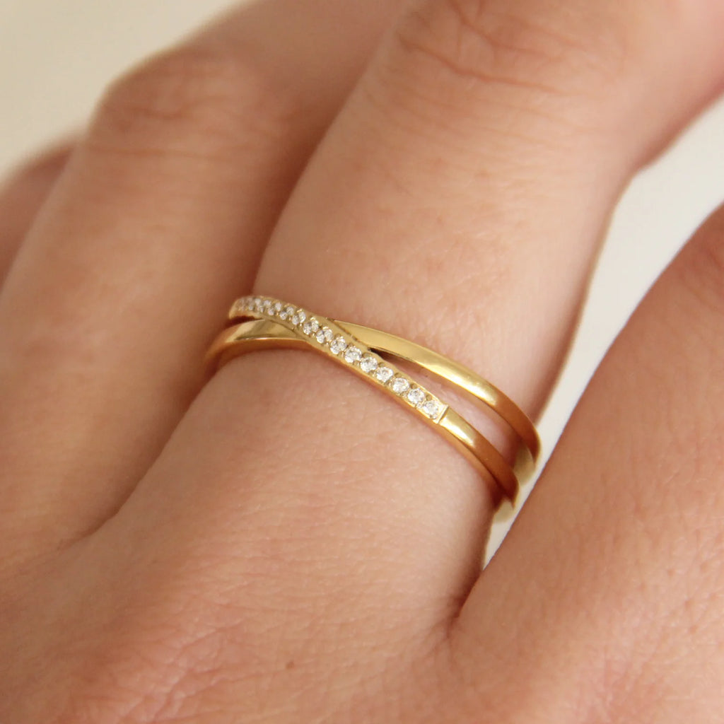 Maive Crossed Double Band Pave CZ Ring 18K Gold
