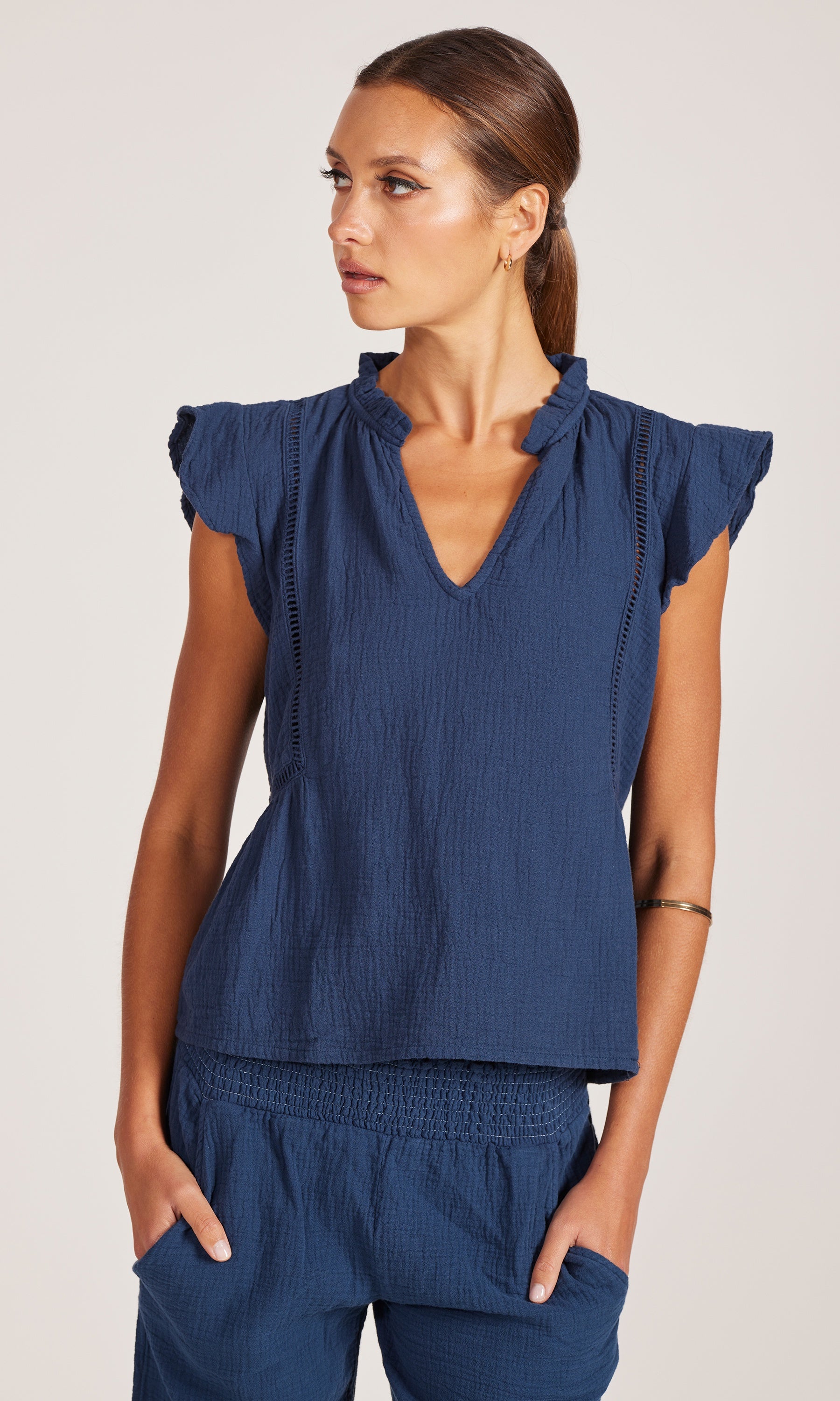 Bobi Flutter Sleeve Split Neck Top