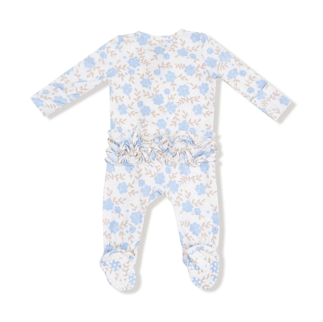 Angel Dear | Baby Blue Floral 2 Way Ruffle Zipper Footie | Back | Vagabond | Apparel | Boutique
