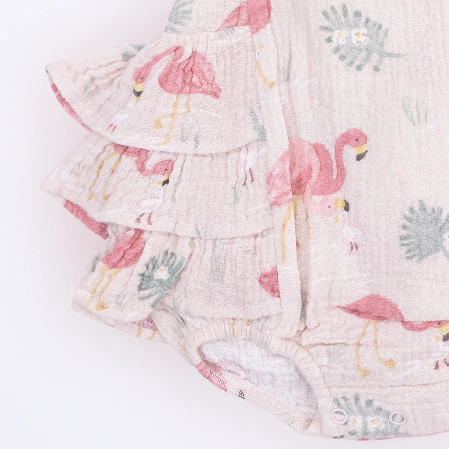 Angel Dear | Flamingos Ruffle Sunsuit | Close | Vagabond | Apparel | Boutique