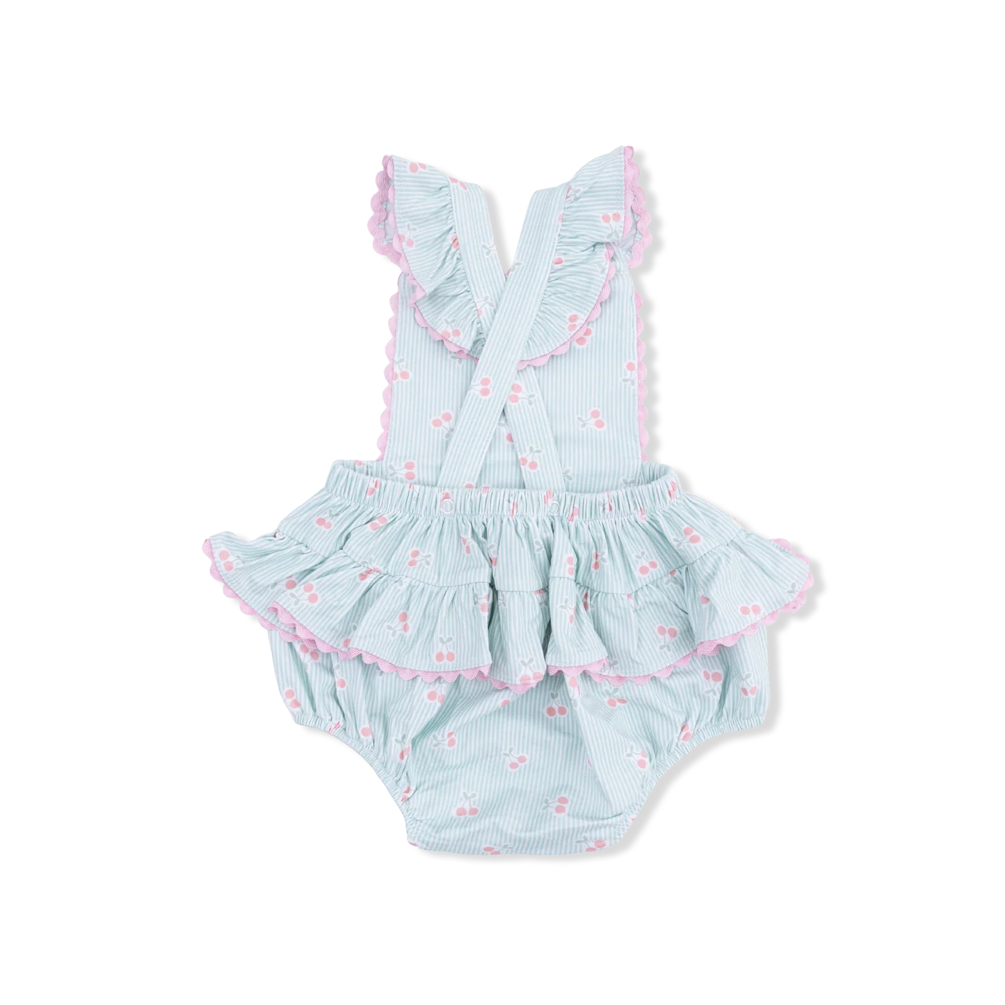 Angel Dear | Tiny Cherry Stripe Ric Rac Ruffle Sunsuit | Back | Vagabond | Apparel | Boutique