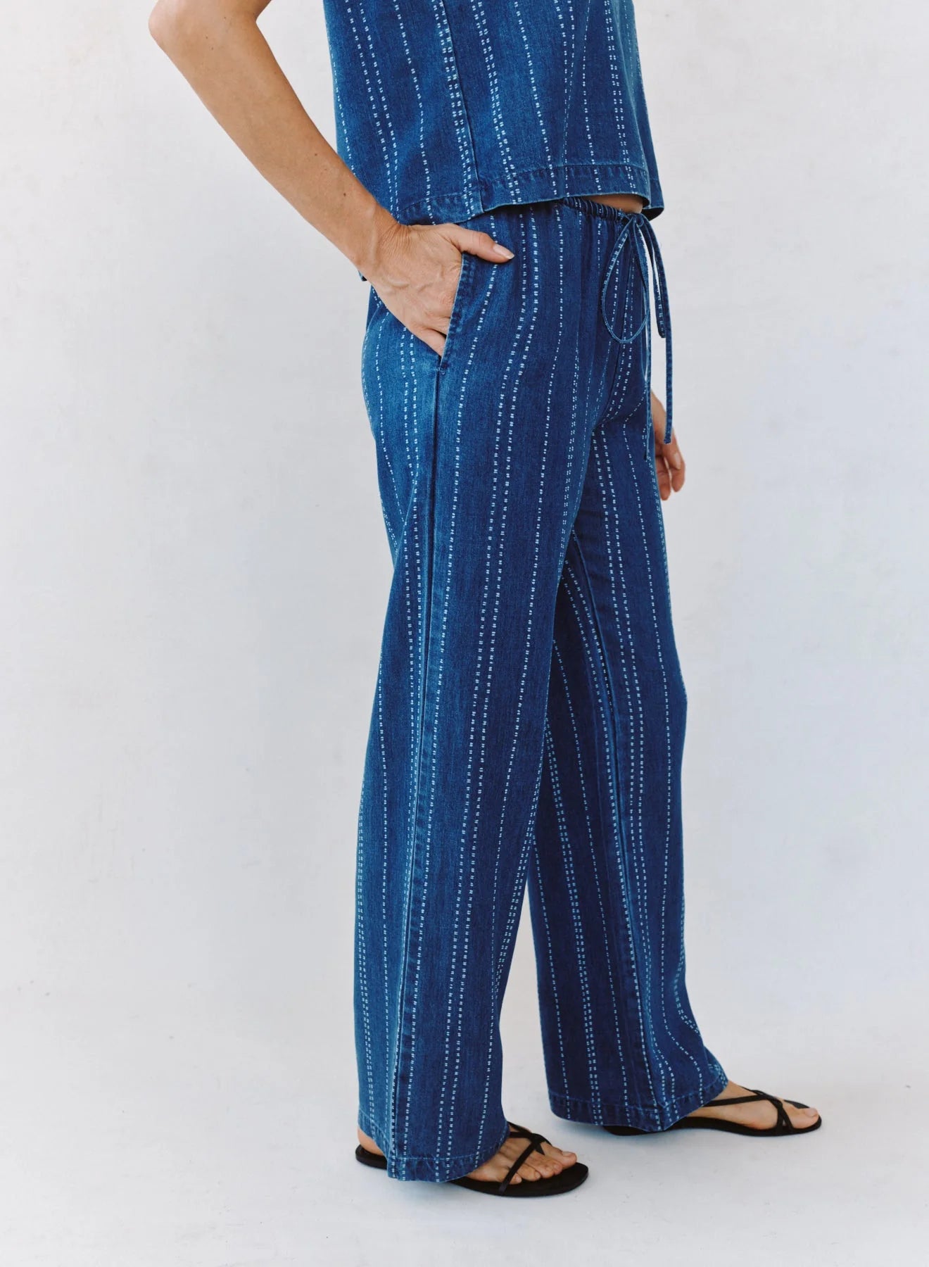 Bella Dahl | Drawstring Pant | Indigo Stripe | Side | Vagabond | Apparel | Boutique