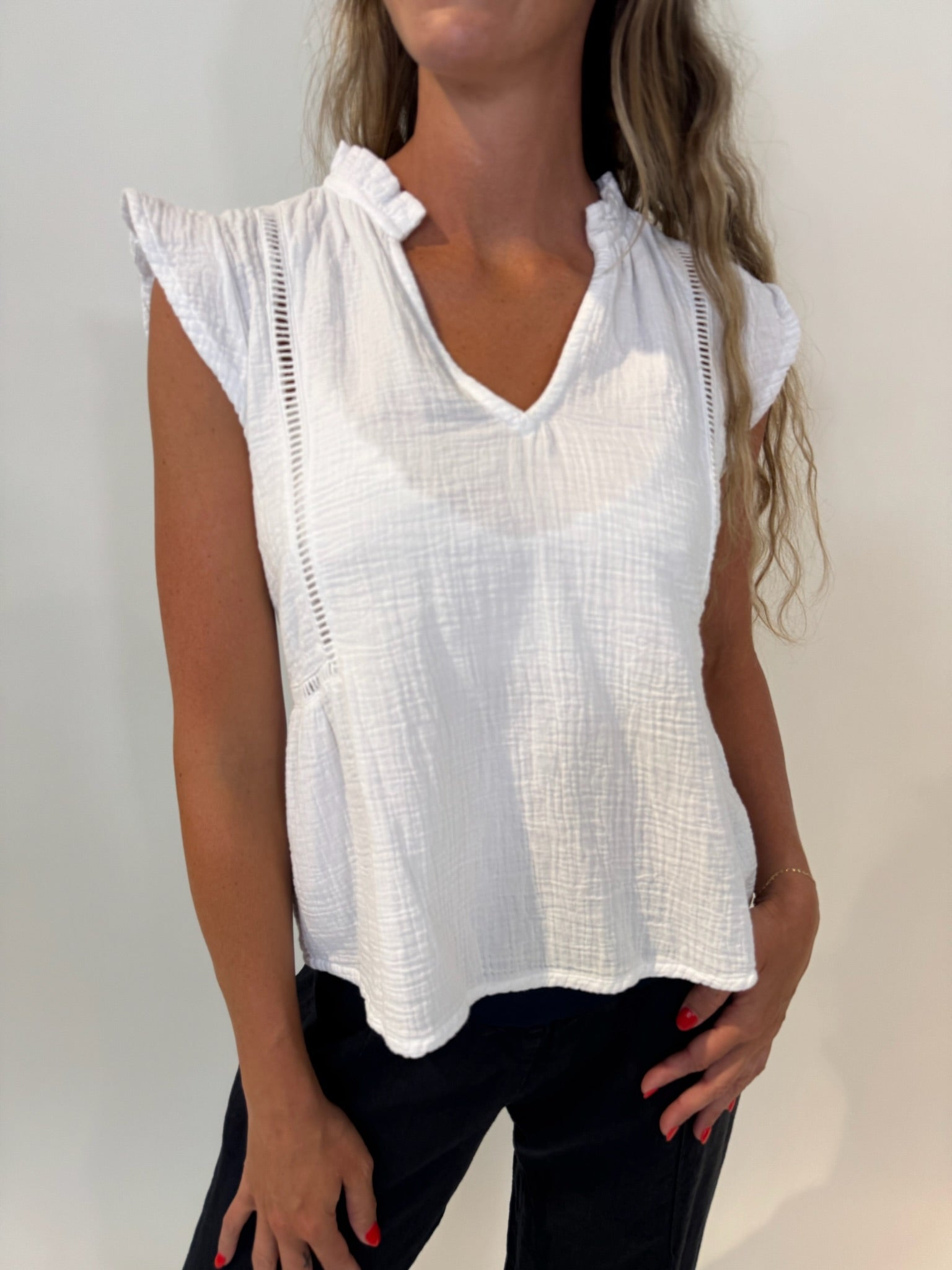 Bobi | Flutter Sleeve Split Neck Top | White | Vagabond | Apparel | Boutique