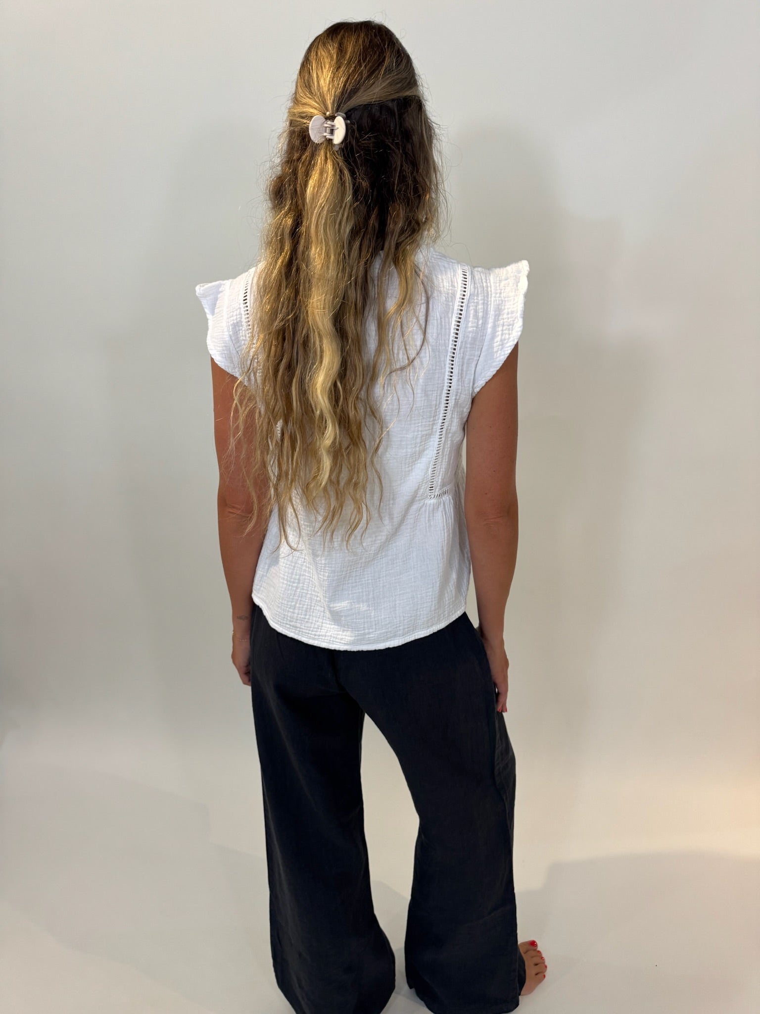Bobi | Flutter Sleeve Split Neck Top | White | Vagabond | Apparel | Boutique