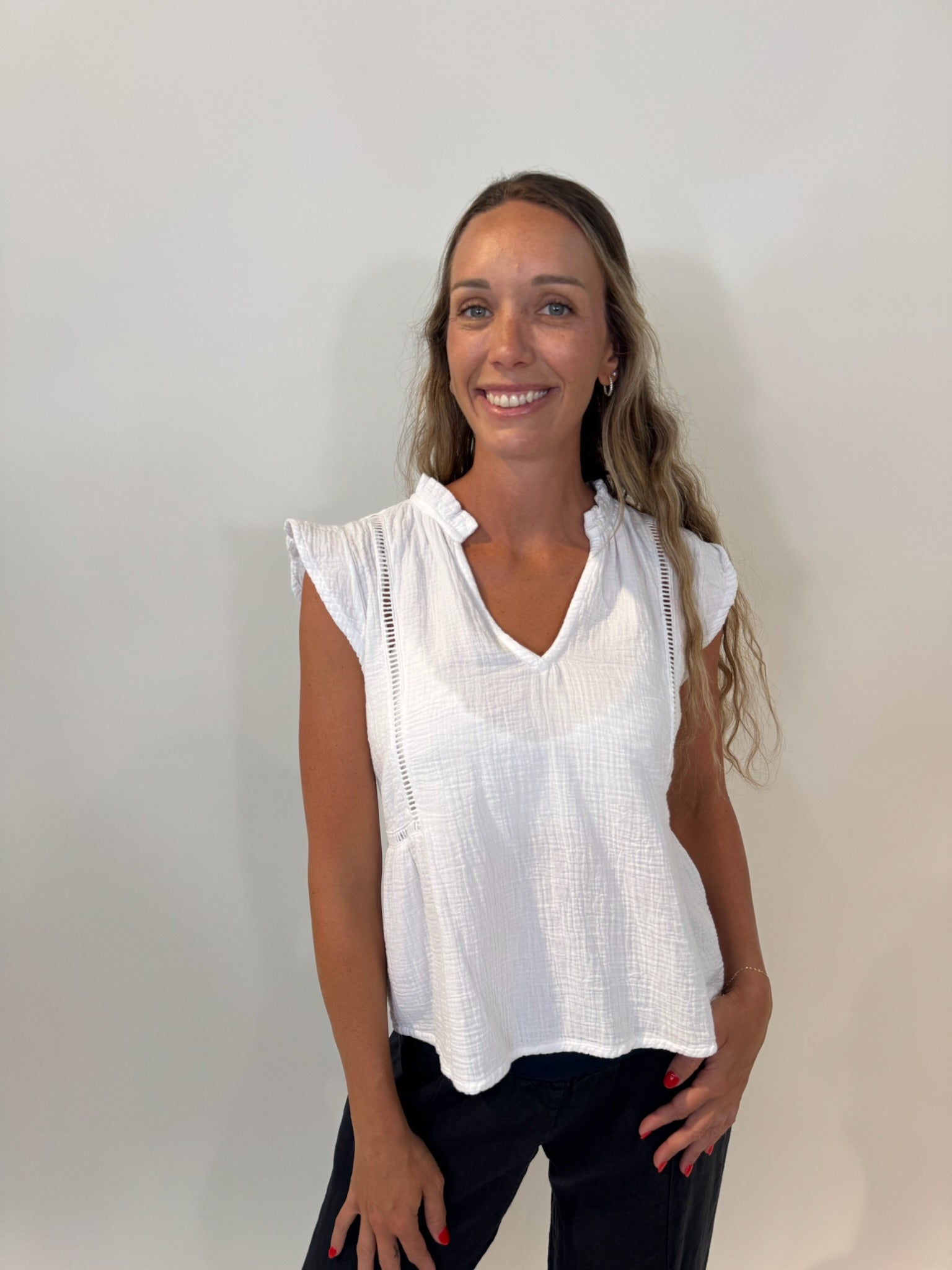 Bobi | Flutter Sleeve Split Neck Top | White | Vagabond | Apparel | Boutique