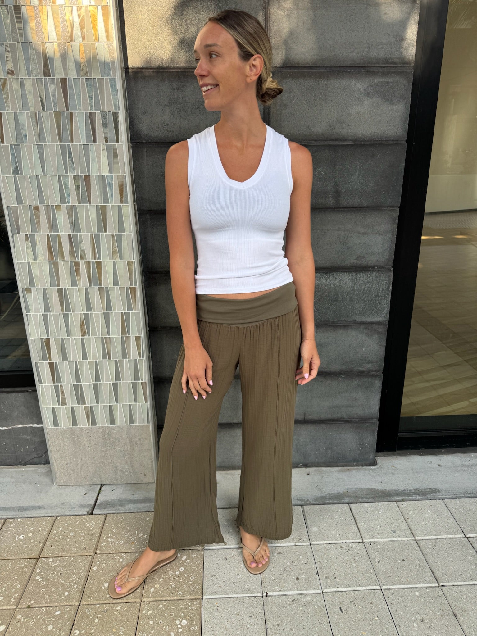 Fresh Laundry | Foldover Gauze Pant | Olive | Model | Vagabond | Apparel | Boutique