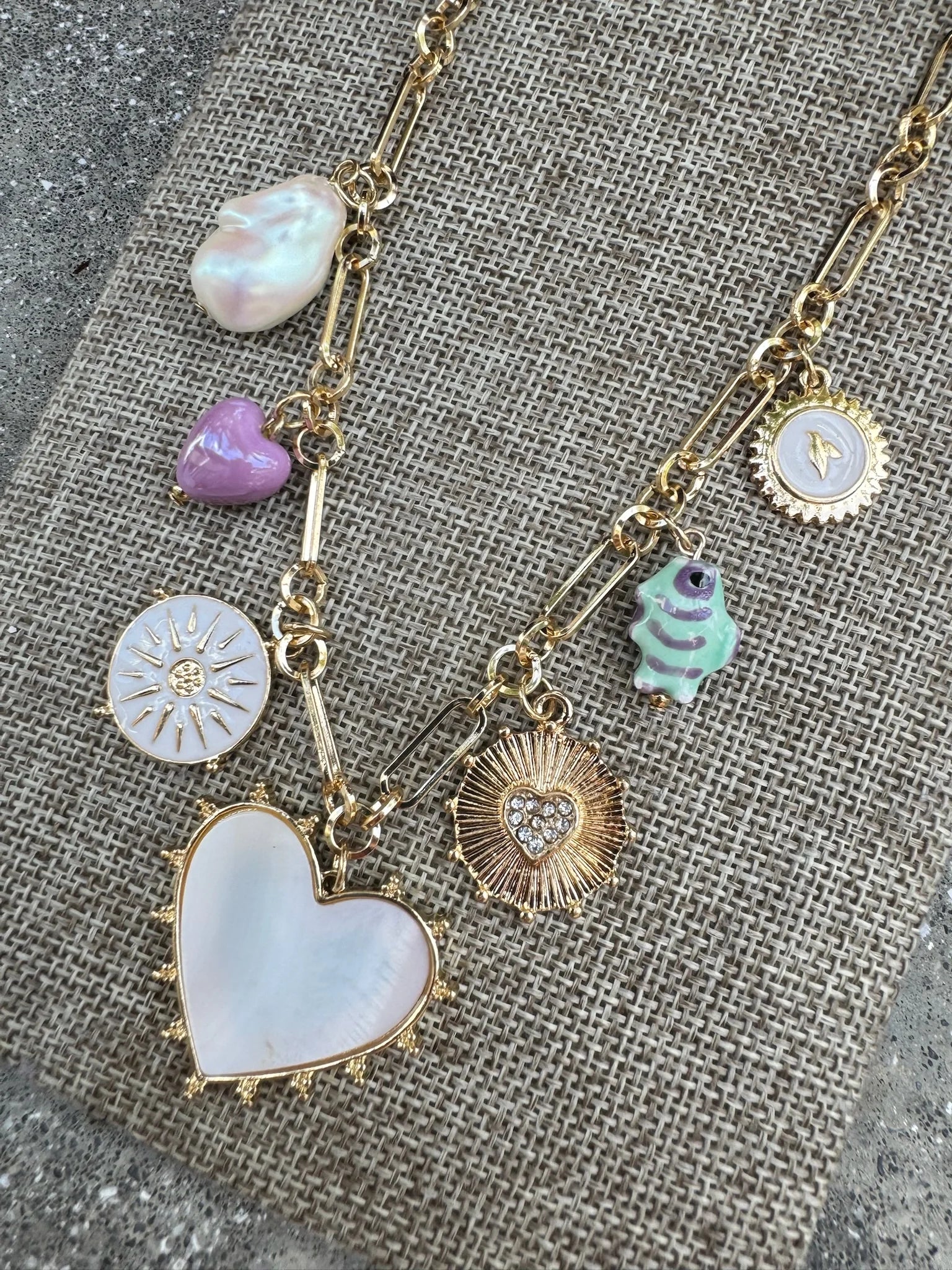 GSA | MOP Heart & Mixed Charm Necklace | Side | Vagabond | Apparel | Boutique