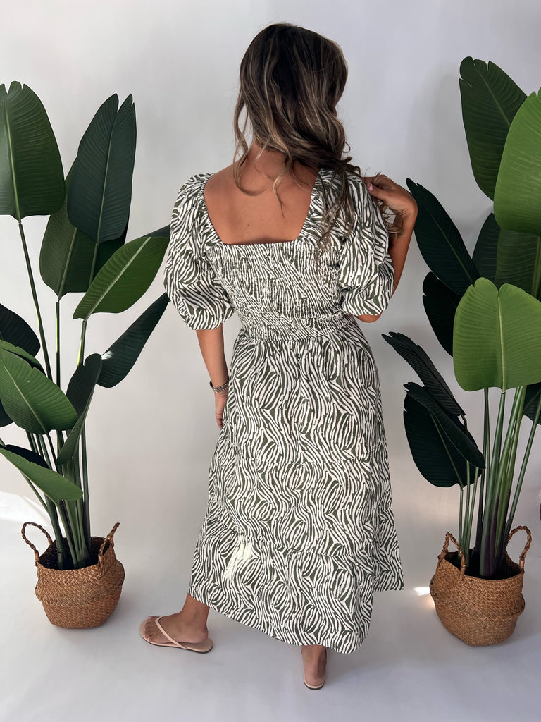 Sole Cotton Abaco Long Dress Safari Print Olive