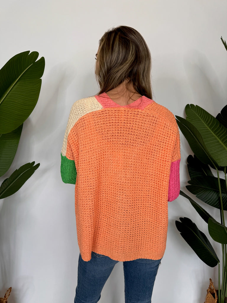 Wishlist Color Block Crochet Lightweight Cardigan Sunkist