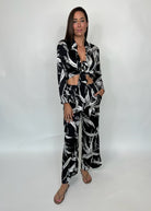 KLD L/S Satin Printed Tie Front Blouse Black | Vagabond Apparel Boutique