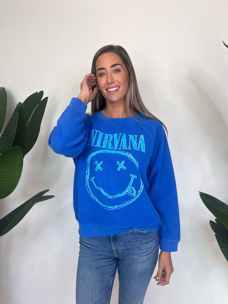 Daydreamer Nirvana Smiley Reverse Raglan Crew Washed Cobalt