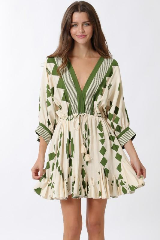 KLD | Border Print Tie Front Dolman Sleeve Dress | Vagabond | Apparel | Boutique