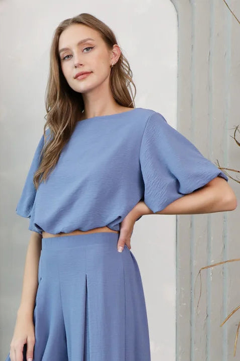 KLD | Matte | Crepe | Bubble Sleeve Crop Top | Blue | Vagabond | Apparel | Boutique